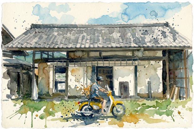 バイクと古民家の水彩画